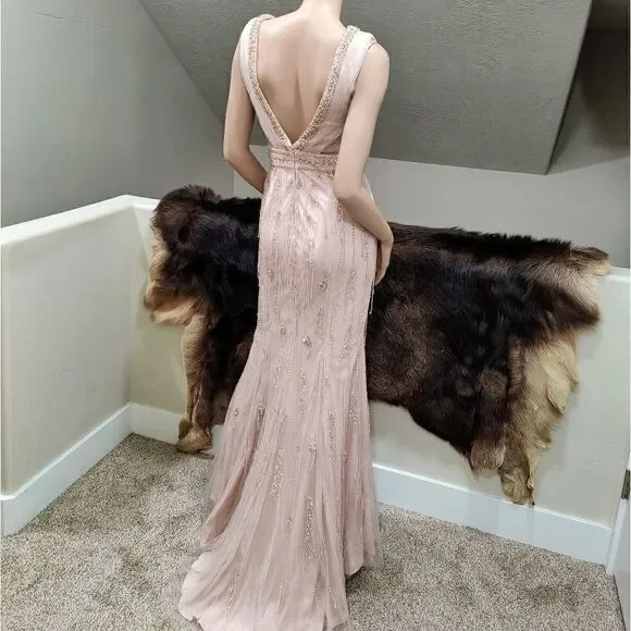 Elegant V-Neck All Over Beaded Glitter Haute Evening Dress